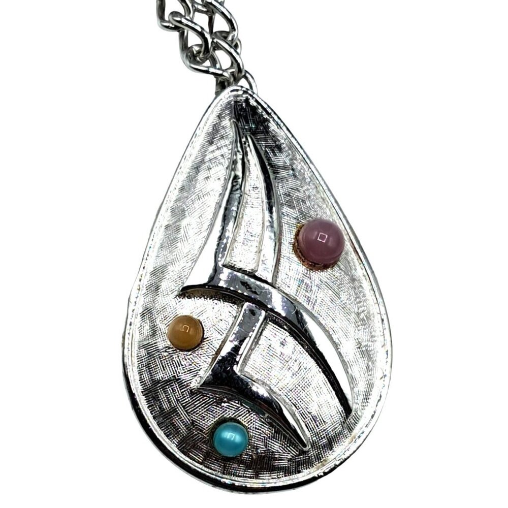 Vintage Pendant Necklace MCM Style by Emmons Silver Tone Teardrop Pendant & Colo